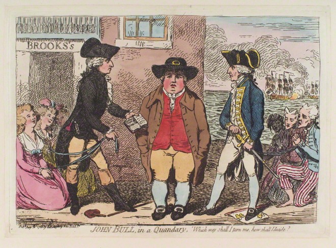 John Bull, in a Quandary (Lord John Townshend; Samuel Hood, 1st Viscount Hood) by James Gillray, published by Hannah Humphrey 31 July 1788, National Portrait Gallery.