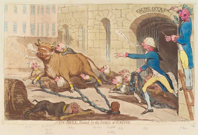 John Bull, Baited by the Dogs of Excise by James Gillray, published by Hannah Humphrey 9 April 1790, National Portrait Gallery.