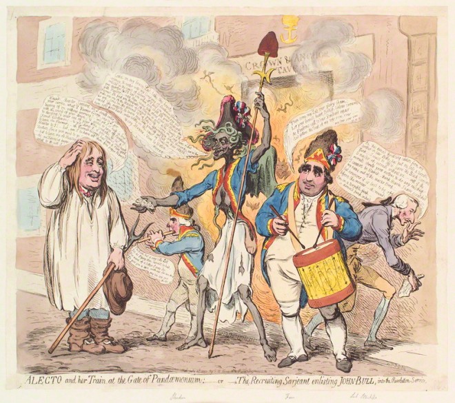 Alecto and Her Train, at the Gate of Pandaemonium; -or- the Recruiting Sarjeant Enlisting John Bull, into the Revolution Service by James Gillray, published by Samuel Wm. Fores 4 July 1791, National Portrait Gallery.