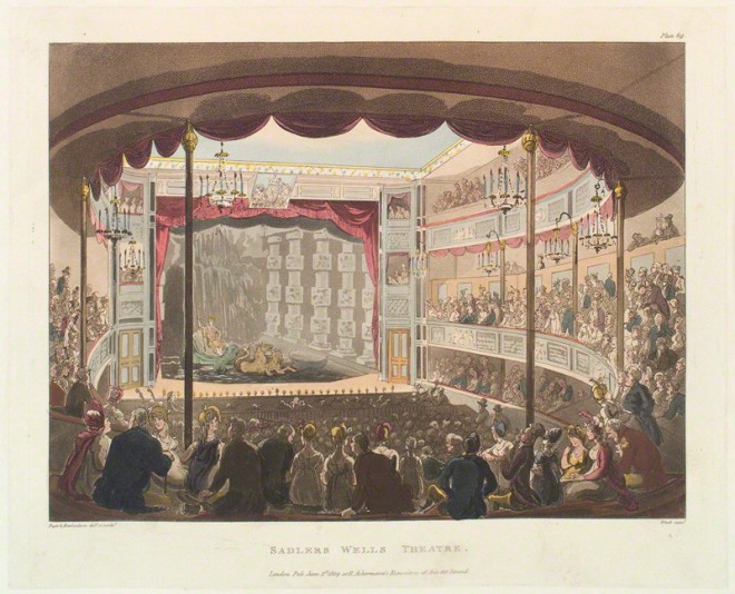 Sadlers Wells Theatre by Thomas Rowlandson, published by Rudolph Ackermann 1 June 1809, National Portrait Gallery.